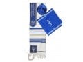 Ateret Acrylic Tallit Set, Menorah Motif and Bible Words  Royal Blue and Gold Stripes