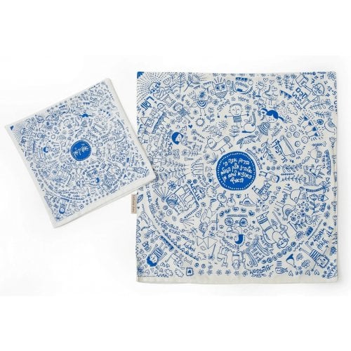 Barbara Shaw Matzah Cover and Afikoman Bag, Pesach Images with Text - Blue 1 in stock