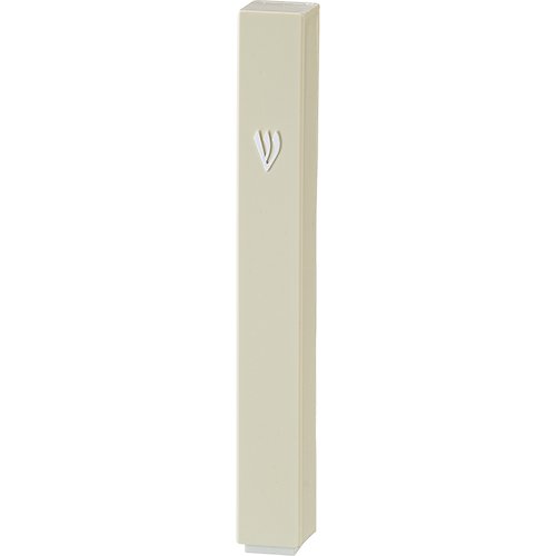 Beige Plastic Mezuzah Case, Silver Shin - Option for 10 cm or 12 cm Scroll