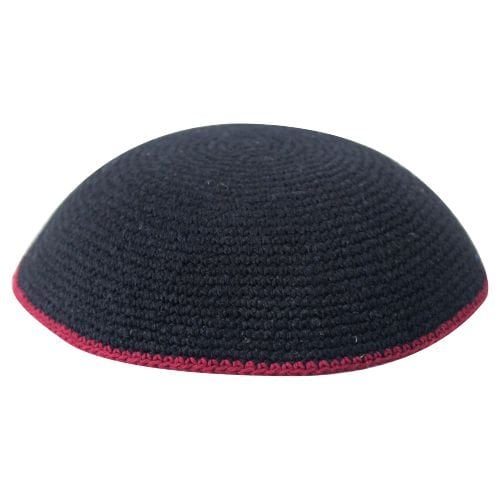 Black DMC Knitted Kippah with Thin Red Border Stripe