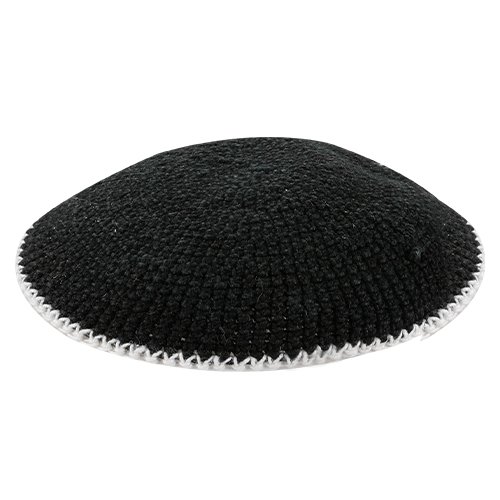 Black DMC Knitted Kippah with White Border Stripe