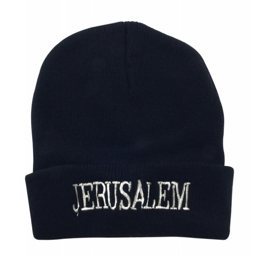 Black Knit Acrylic Cap - JERUSALEM on the brow