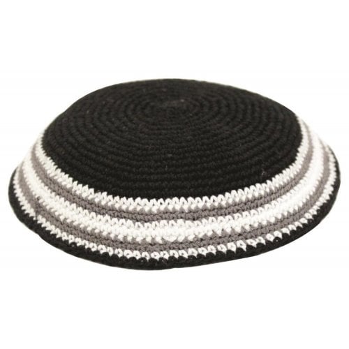 Black Knitted Kippah with Gray and White Border Stripes