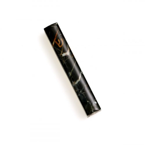 Black Metal Mezuzah Case, Gray Marble Design - Gold Shin