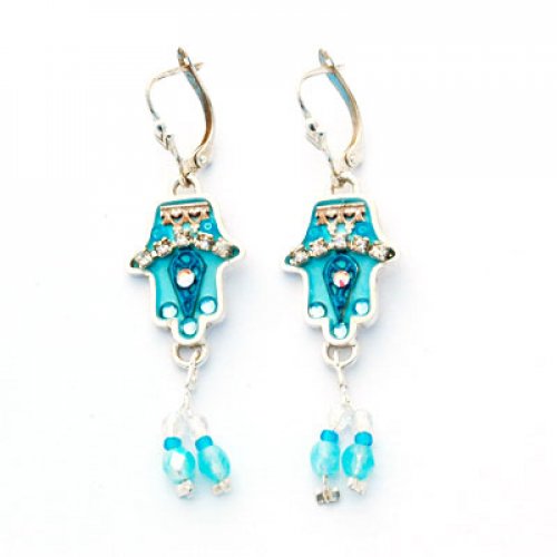 Blue Bead Hamsa Earrings by Ester Shahaf