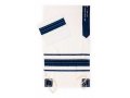 Blue Embroidered Stripe and White Tallit Set by Ronit Gur