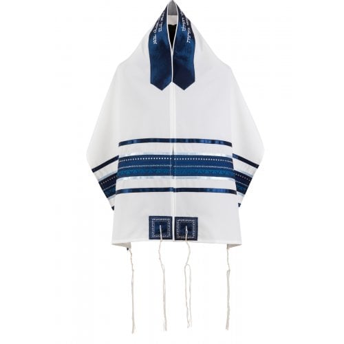 Blue Embroidered Stripe and White Tallit Set by Ronit Gur