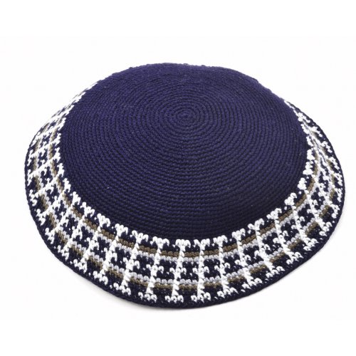 Blue Hand Knitted Premium DMC Cotton Kippah - White and Green Border