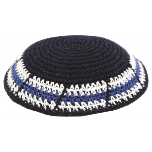 Blue Knitted Kippah with Blue-White Border Design