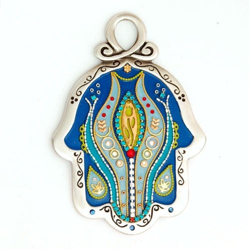 Blue-Gray Flower Design Wall Hamsa by Ester Shahaf