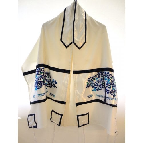 Blue-White Tree of Life Tallit Set - Galilee Silk - 1 in stock at a great price