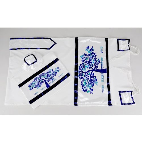 Blue-White Tree of Life Tallit Set - Galilee Silk - 1 in stock at a great price