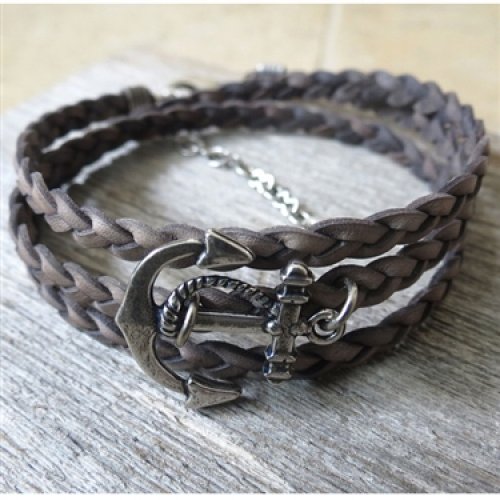 Braided Gray Leather Men's Wrap Bracelet with Anchor Design