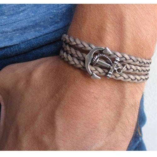 Braided Gray Leather Men's Wrap Bracelet with Anchor Design - Only 1 In Stock