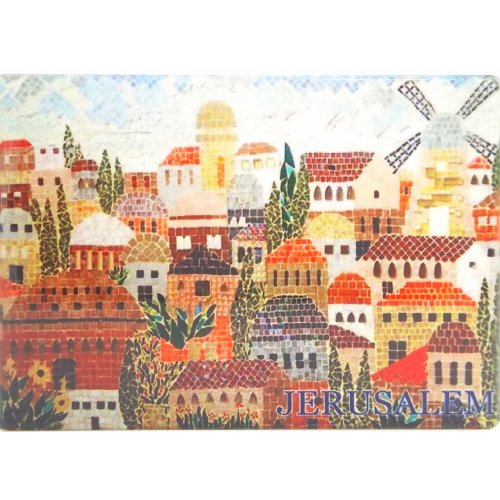 Ceramic Magnet - Colorful Jerusalem and its Landmark Windmill