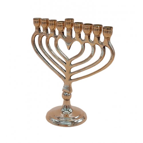 Chanukah Menorah, Gold Metal with a Heart Shape - 7.4 Inches Height