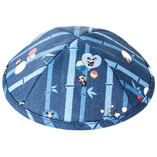 Children's Blue Panda and Bamboo Design Flat Cloth Kippah