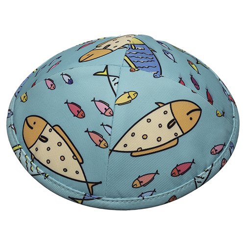 Children's Light Blue Fish Design Flat Cloth Kippah