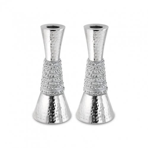 Cone Shaped Shabbat Candlesticks, Hammered Aluminum  Silver Crystals Decoration