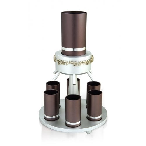 Dabbah Judaica Anodized Aluminum Wine Fountain Silver Line 6 Cups - Gray