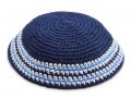 Dark Blue Knitted Kippah with Light Blue and White Border Stripes