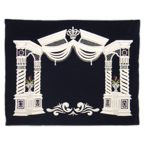 Dark Blue Velvet Tallit & Tefillin Bags - Silver Vilna Pillars