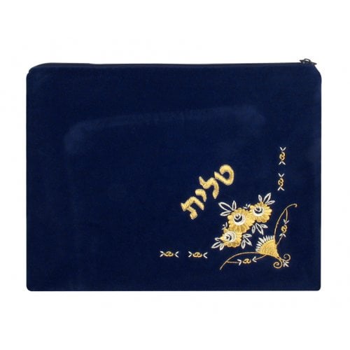 Dark Blue Velvet Tallit & Tefillin Bags Flowers design