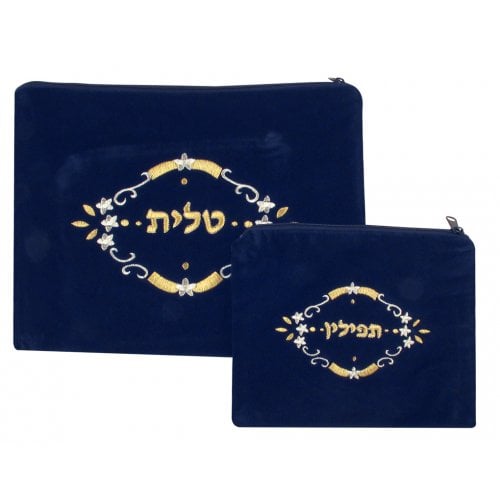 Dark Blue Velvet Tallit & Tefillin Bags-flower design