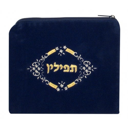 Dark Blue Velvet Tallit & Tefillin Bags-white and gold flowers