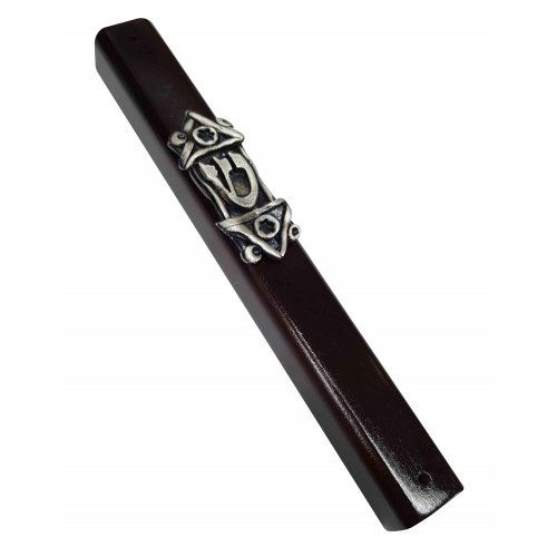 Dark Brown Wood Mezuzah Case with Shin on Decorative Silver Pewter