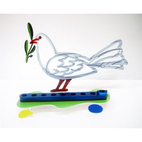 David Gerstein Laser Cut Metal White and Blue Hanukkah Menorah - Peace Dove