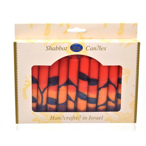 Decorative Handmade Galilee Shabbat Candles - Red, Orange and Purple with Streaks