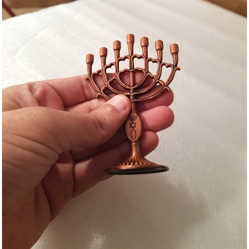 Decorative Mini 7 Branch Menorah with Fish Symbol, Copper - 4