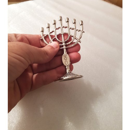 Decorative Mini 7 Branch Menorah with Fish Symbol, Silver - 4