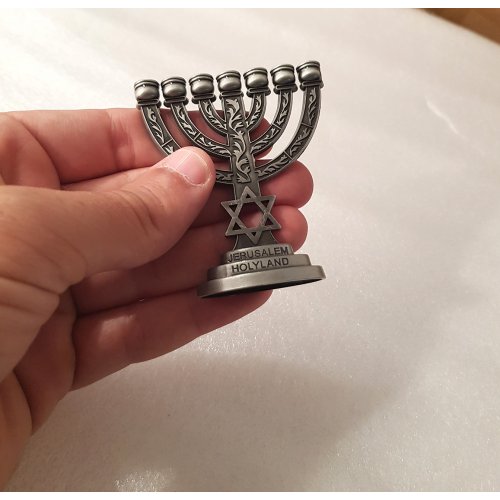 Decorative Miniature 7 Branch Menorah with Star of David, Pewter - 2.7 Inches