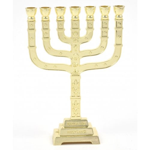 Decorative Seven Branch Mini Menorah with Judaic Emblems, Gold - 7