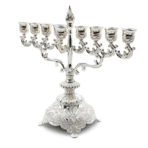 Decorative Silver Chanukah Menorah, Filigree Engraving Flame Design - 11.4