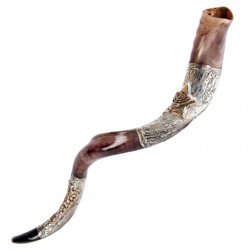 Decorative Yemenite Shofar with Sterling Silver with Menorah, Star of David and Olives