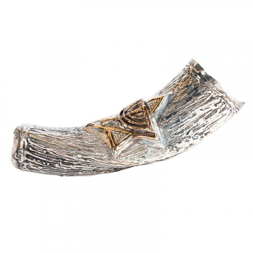 Decorative Yemenite Shofar with Sterling Silver with Menorah, Star of David and Olives