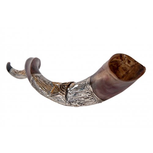 Decorative Yemenite Shofar with Sterling Silver with Menorah, Star of David and Olives