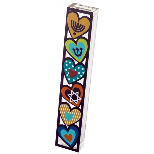 Dorit Judaica Acrylic Mezuzah Case with Colorful Heart Design