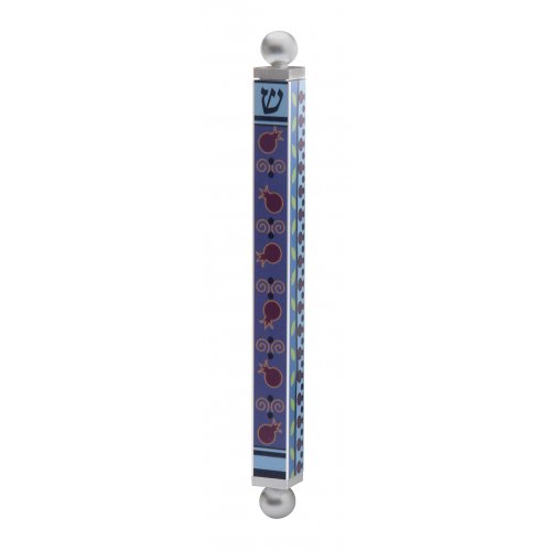 Dorit Judaica Aluminum Mezuzah Case - Blue and Red Pomegranate Design