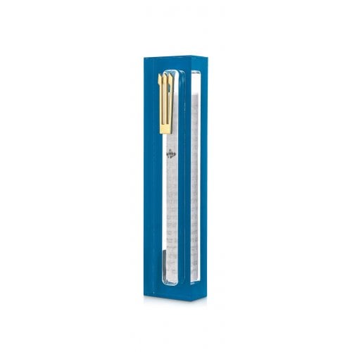 Dorit Judaica Clear Acrylic Mezuzah Case, Blue Frame - Gold or Silver Shin