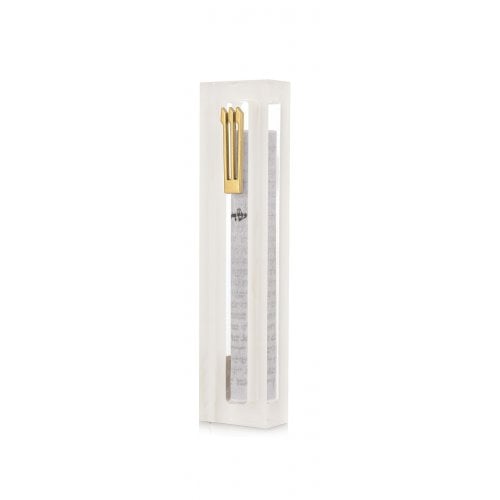 Dorit Judaica Clear Acrylic Mezuzah Case, White Frame - Gold or Silver Shin