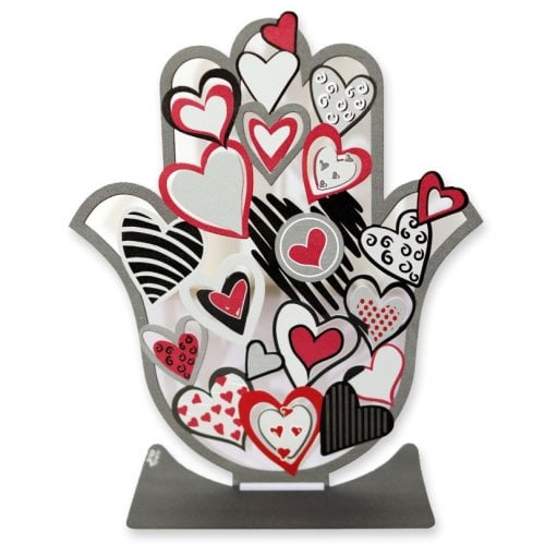 Dorit Judaica Free Standing Hamsa Sculpture, Red White and Black Hearts