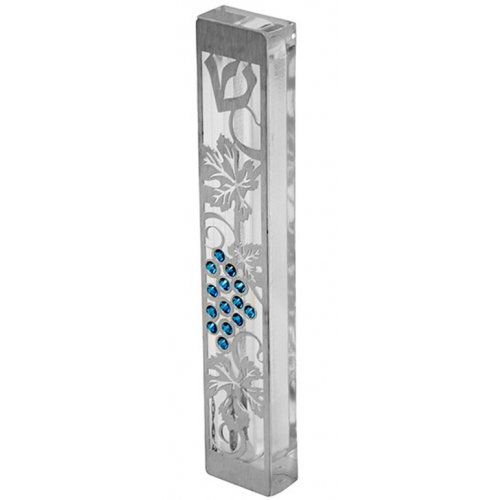 Dorit Judaica Large Lucite Mezuzah Case, Grape Vine with Crystals  Turquoise