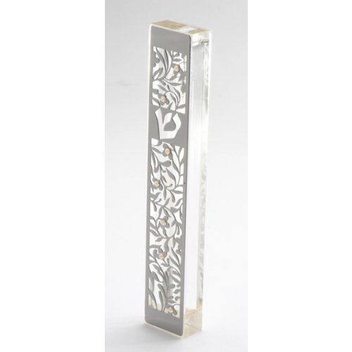 Dorit Judaica Large Lucite Mezuzah Case, Leaves and Flowers with Crystals - Clear