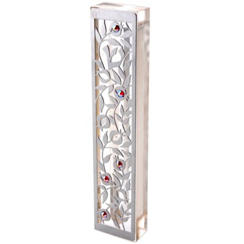 Dorit Judaica Laser Cut Steel Mezuzah Case Pomegranates - Swarovski Stones