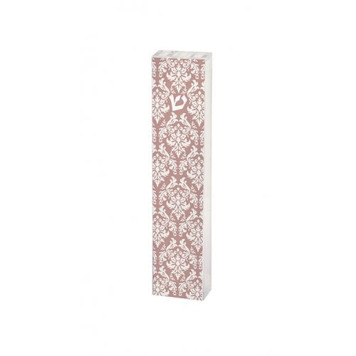 Dorit Judaica Lucite Mezuzah Case, Fleur De Lys - Pink and White