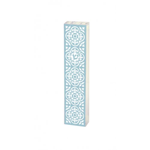 Dorit Judaica Lucite Mezuzah Case, Fleur De Lys in Frames - Blue and White